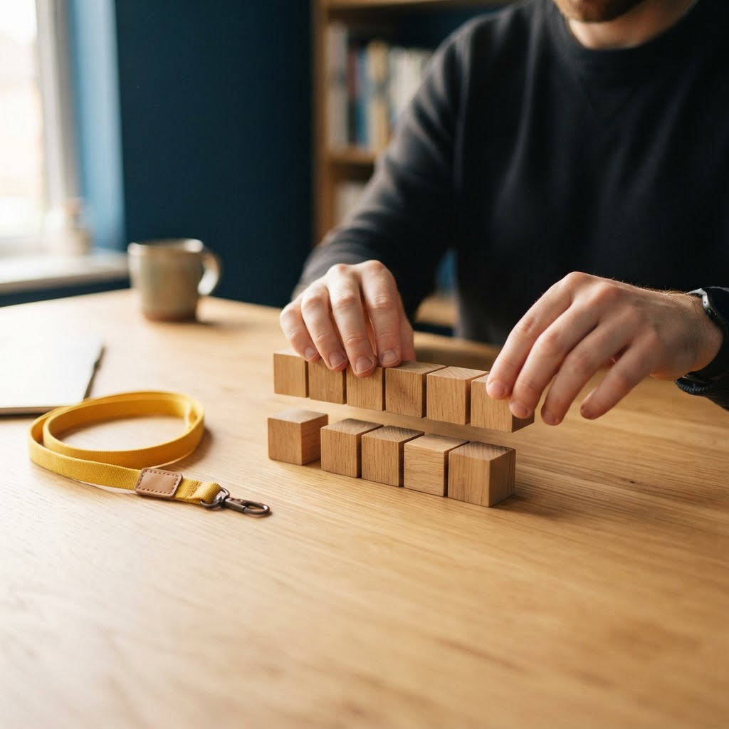 Hands organizing wooden blocks on a desk