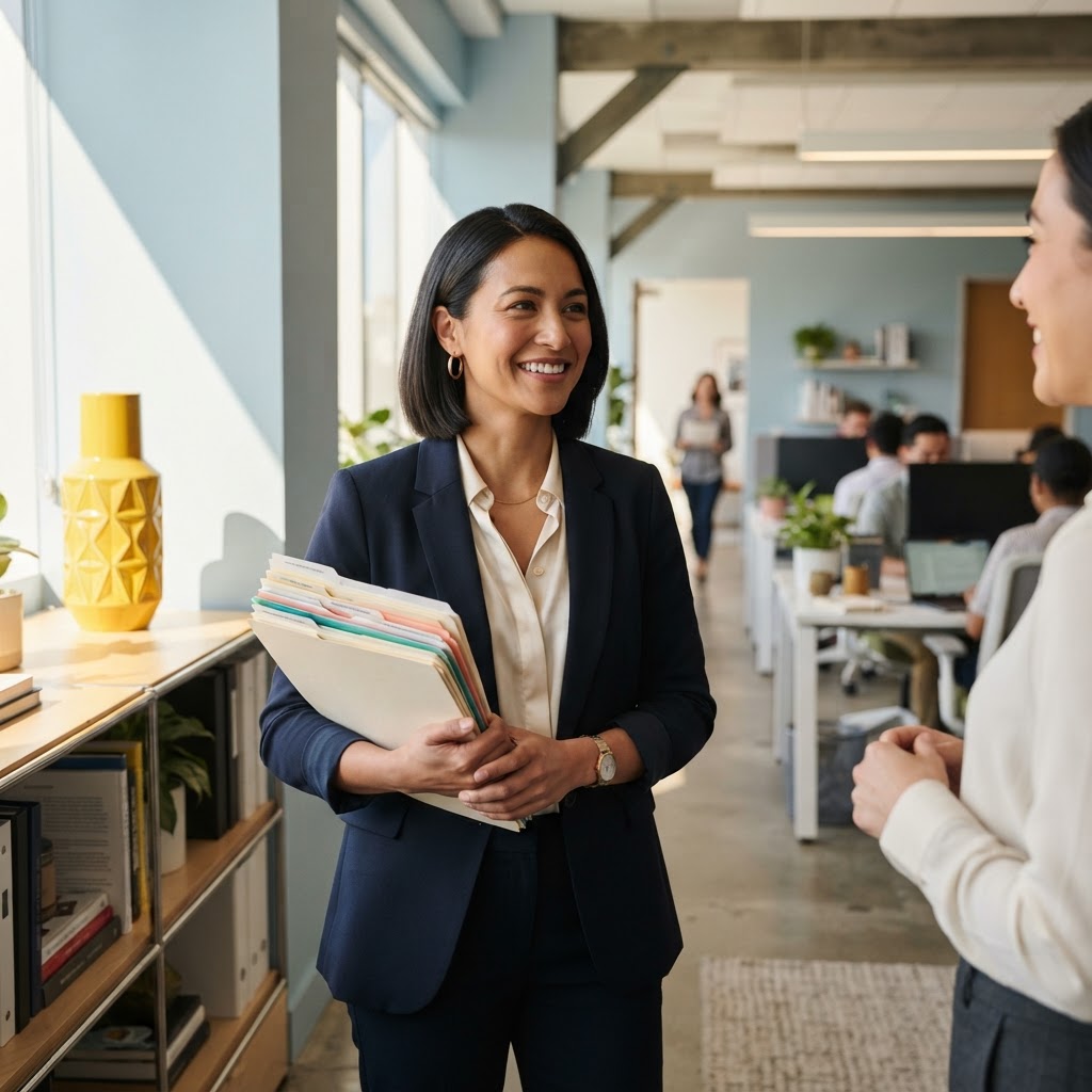 Operations lead holding folders in a sunlit office