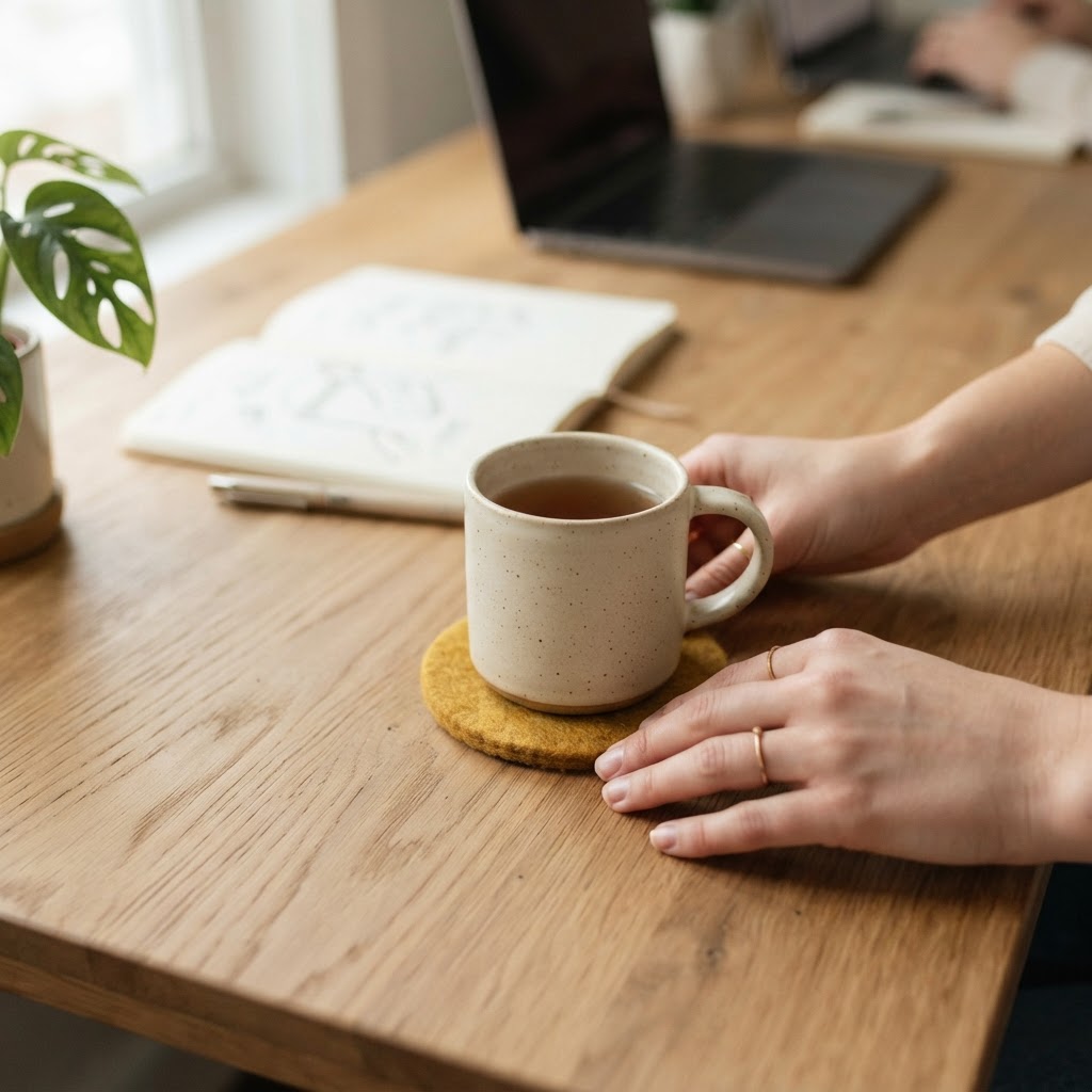 Hands placing a mug on a workspace