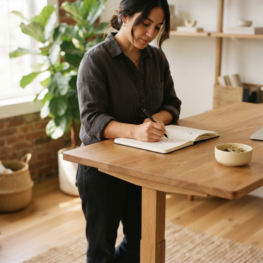 Person working at a clean standing desk