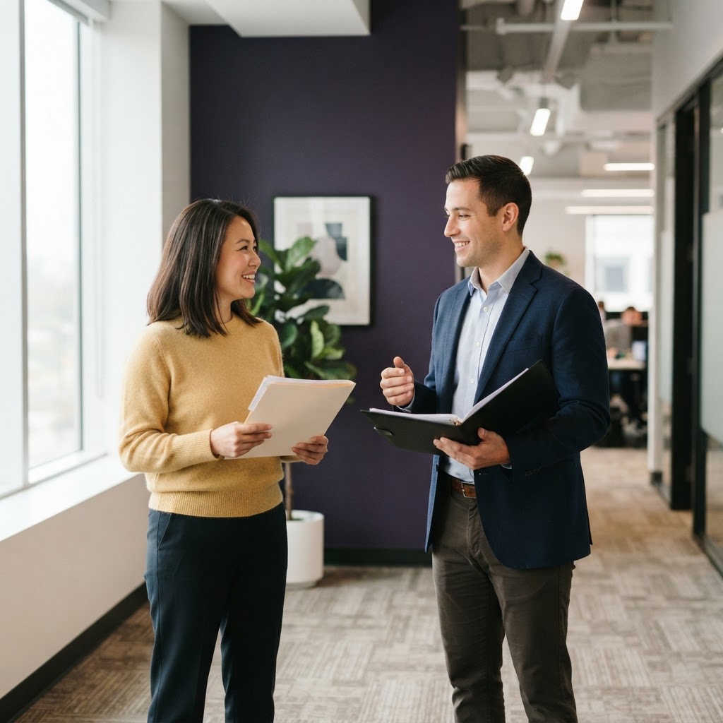 Two colleagues talking in a bright office hallway