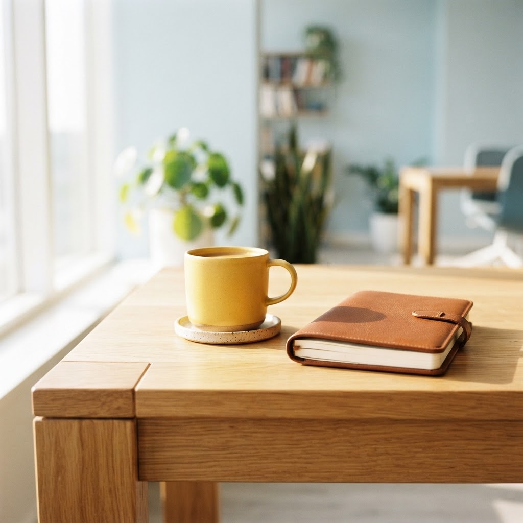 Close up of a tidy desk with a yellow mug and closed notebook