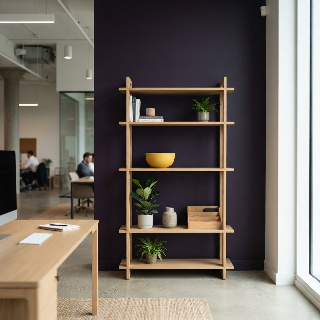 Minimalist office shelving unit with a yellow accent bowl