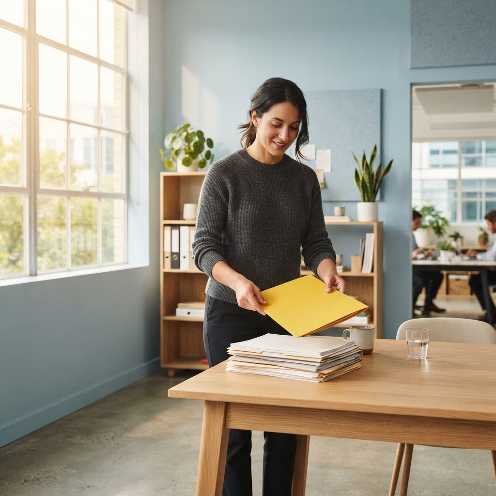 Person placing a yellow folder on a neat stack of documents