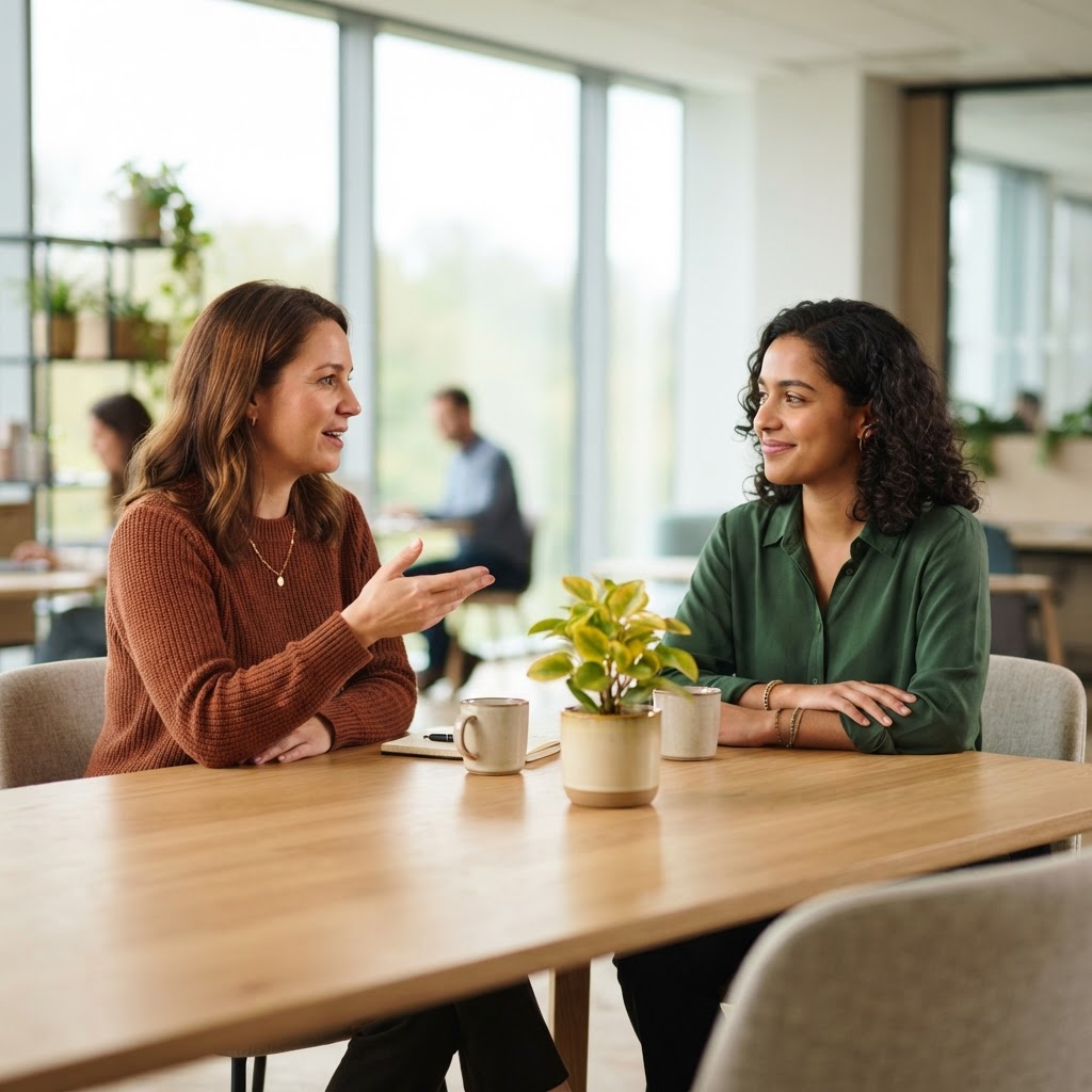 Two colleagues engaged in a relaxed and friendly conversation