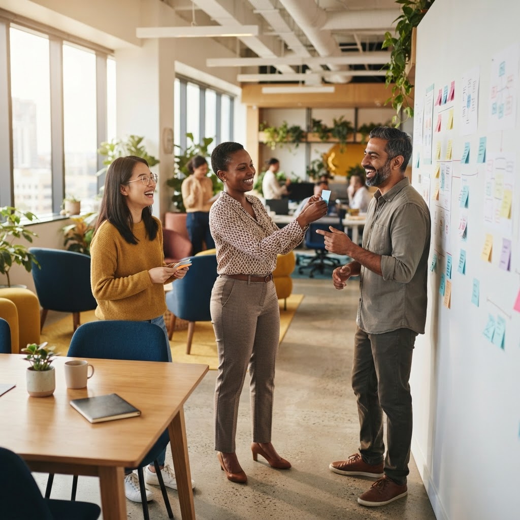 Team members collaborating in a bright modern office