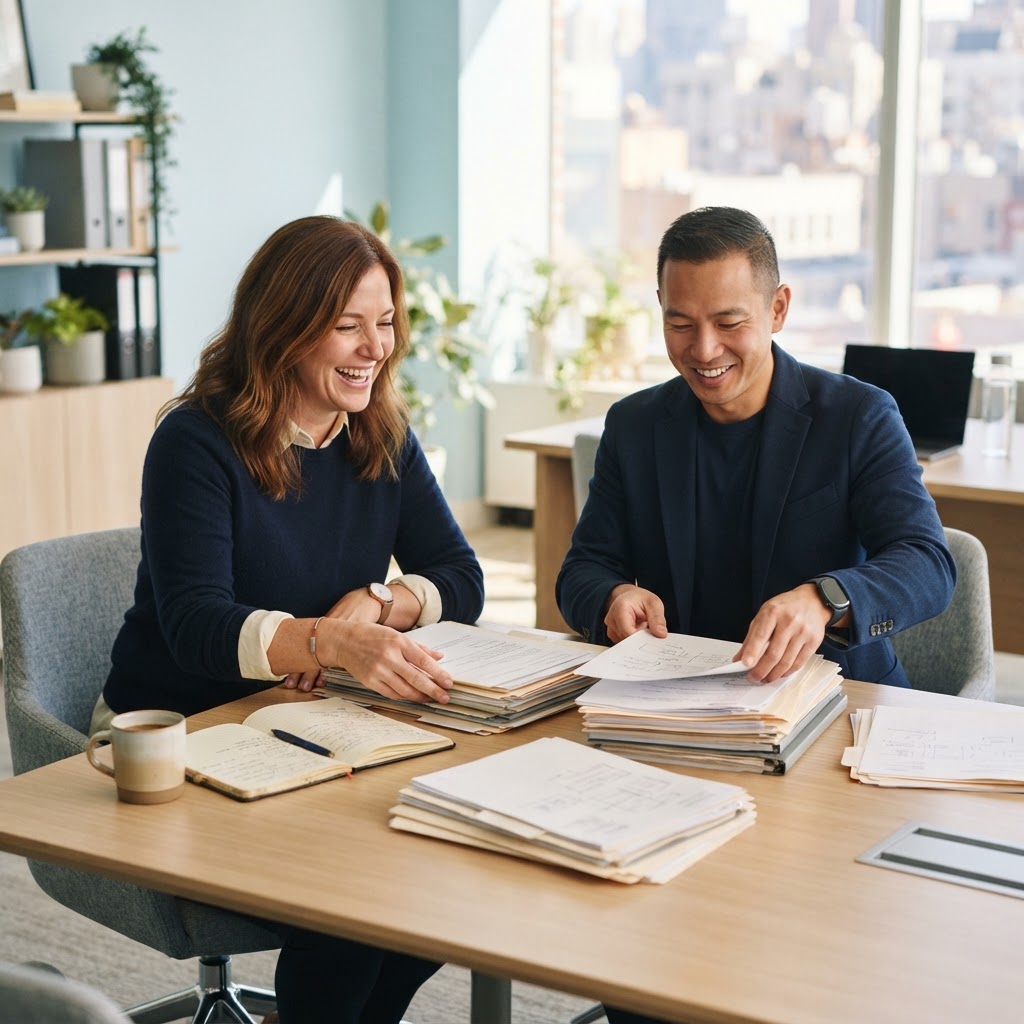 Two colleagues collaborating to organize office paperwork