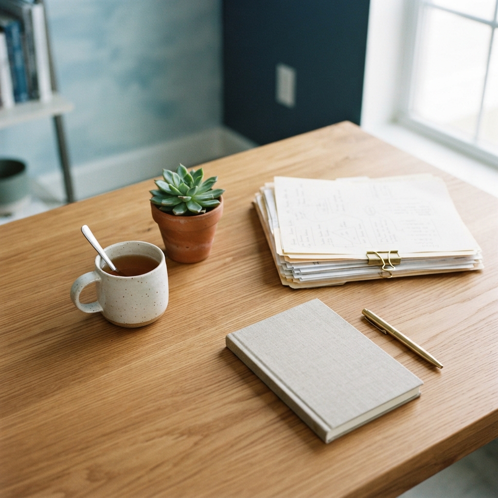 A clean and organized wooden desk with office supplies
