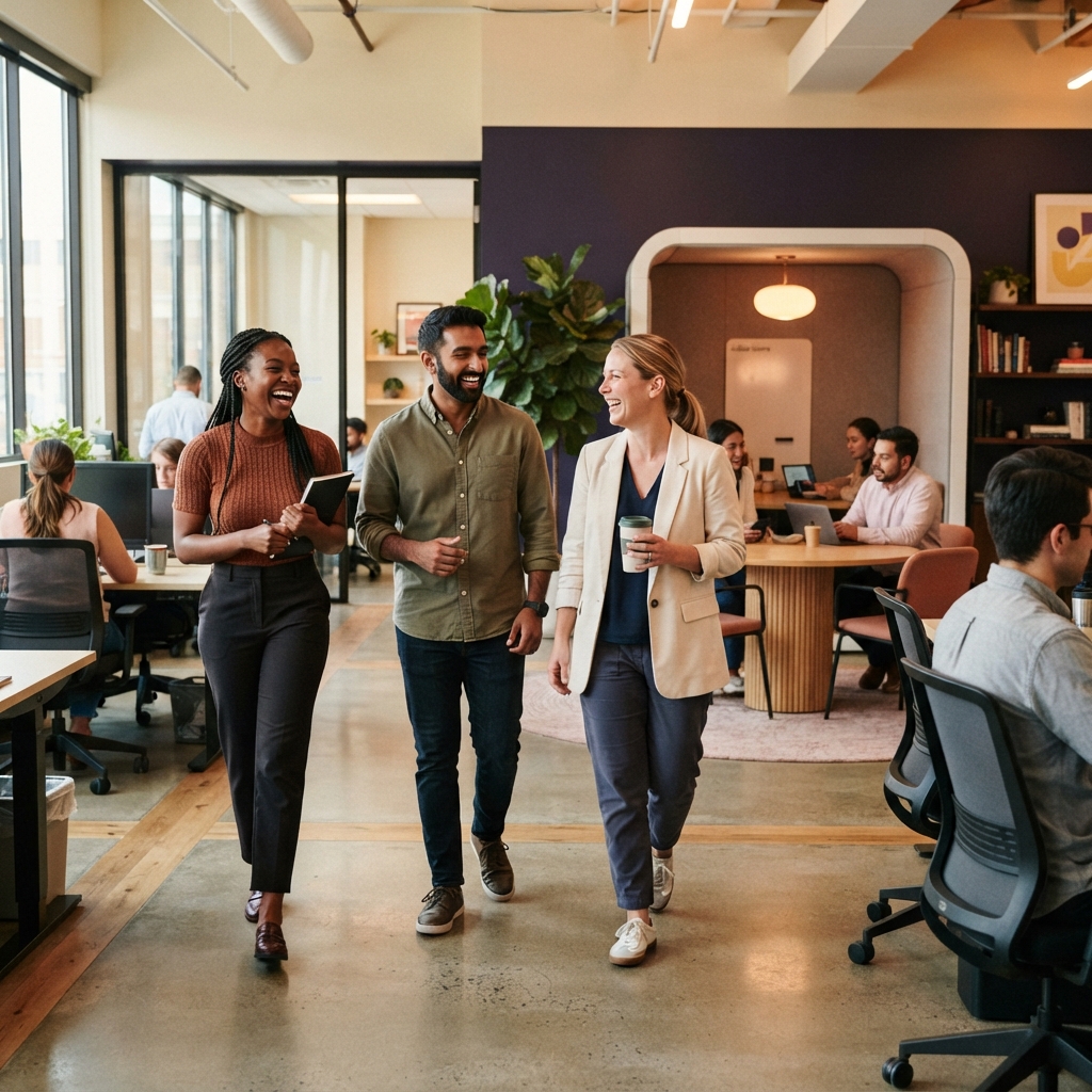 A team of colleagues walking and laughing in a bright office
