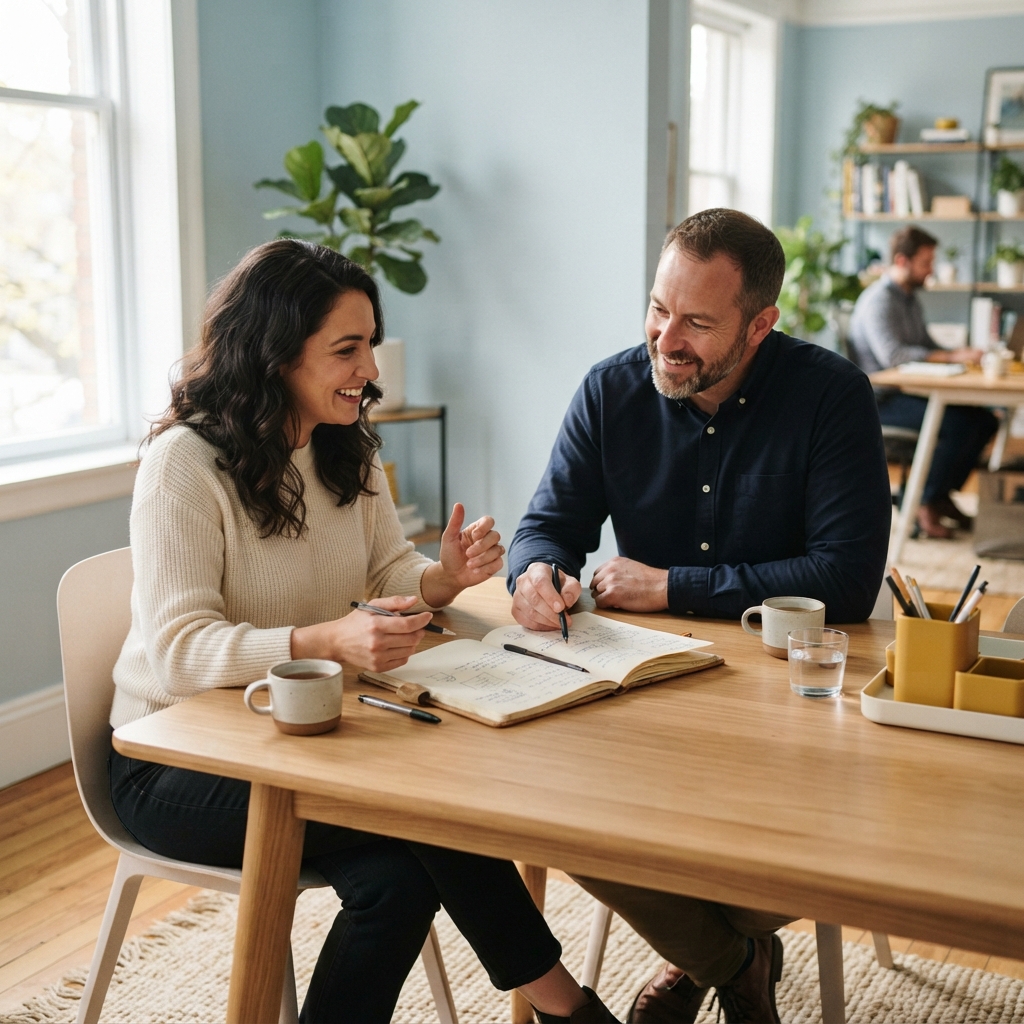Two colleagues collaborating over a notebook in a bright office