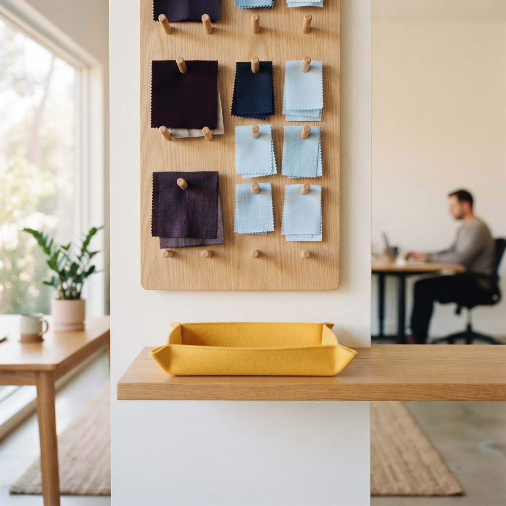 Clean wooden pegboard with fabric swatches in an office