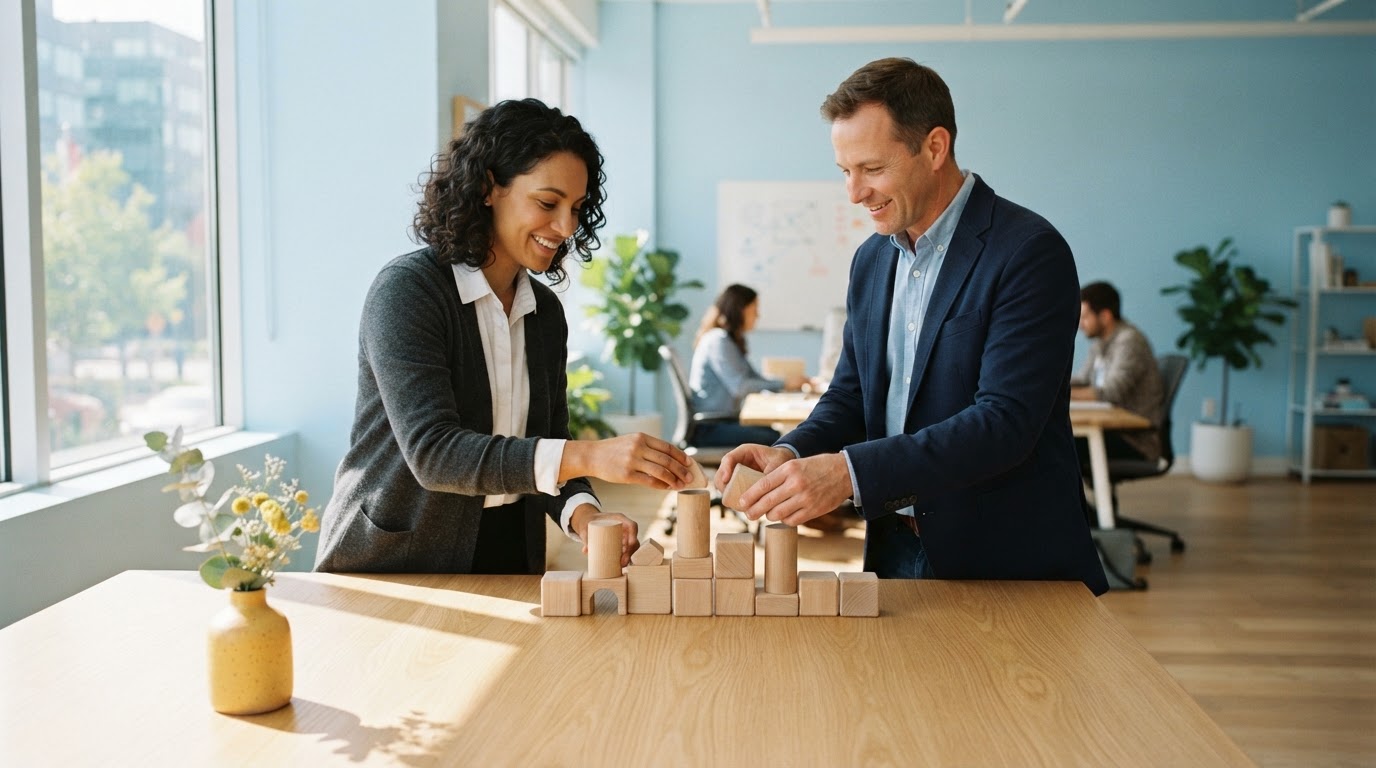Founder and operations lead organizing wooden blocks on a table