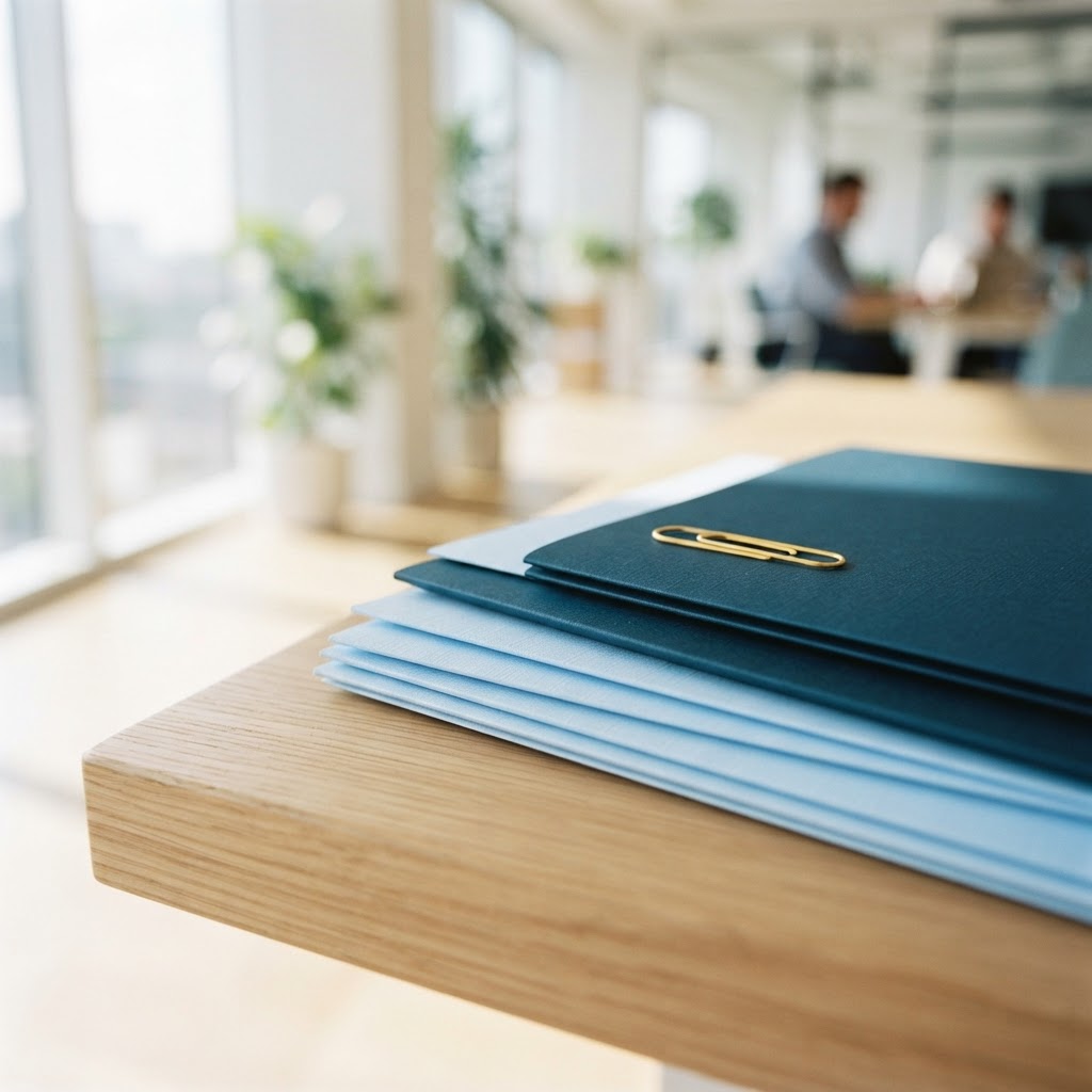 Neatly arranged paper folders with a golden paperclip