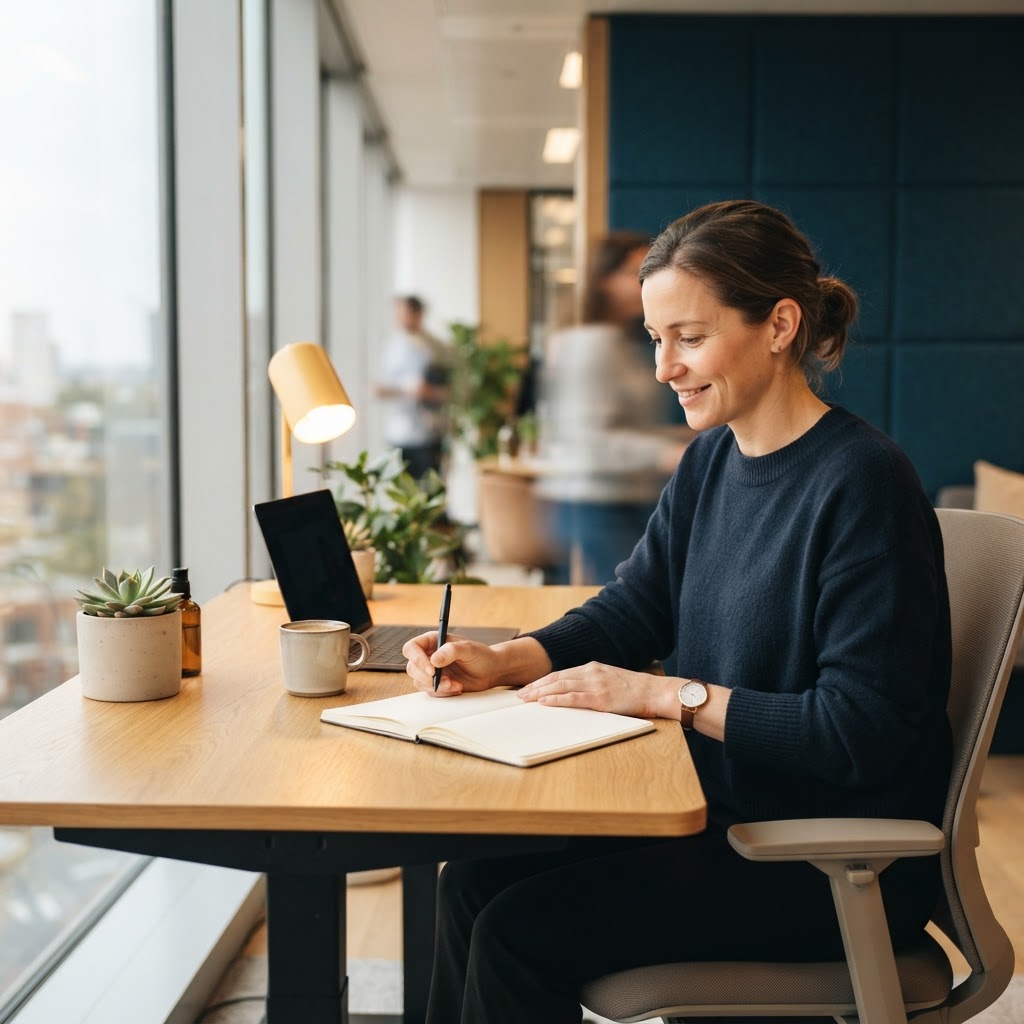 Operations lead taking notes in a bright office