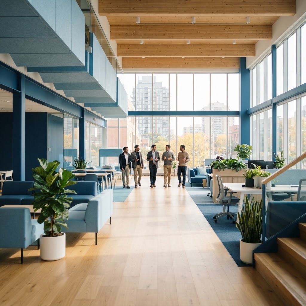 A bright open office workspace with colleagues walking