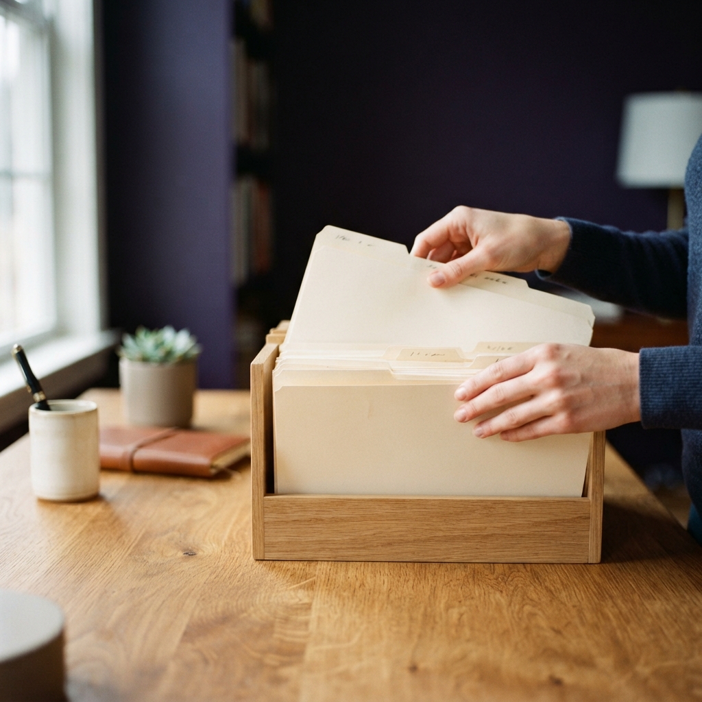 Hands organizing paper files on a wooden desk