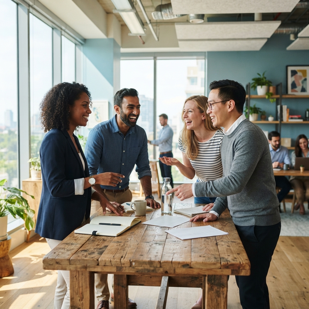 A team of colleagues talking in a modern office