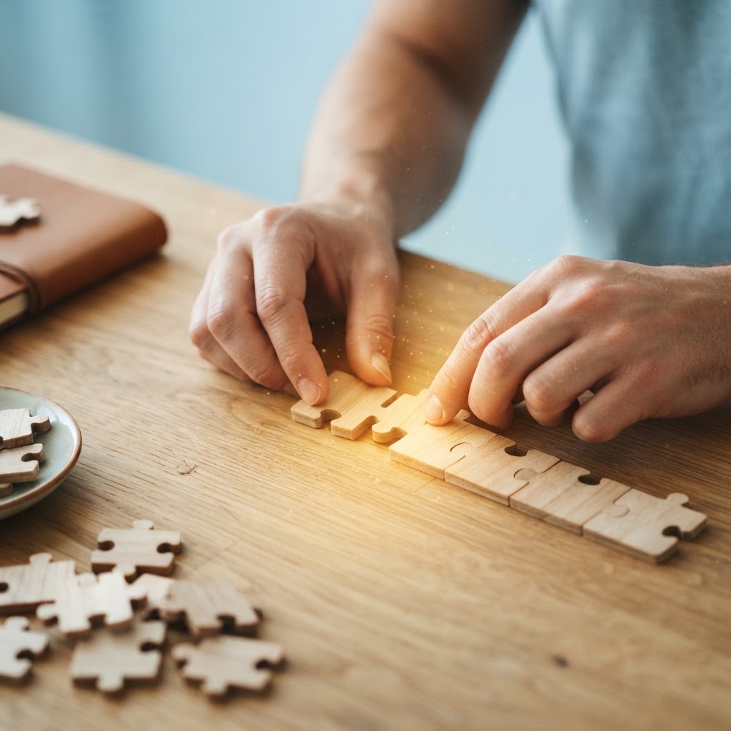Hands assembling puzzle pieces on a wooden desk