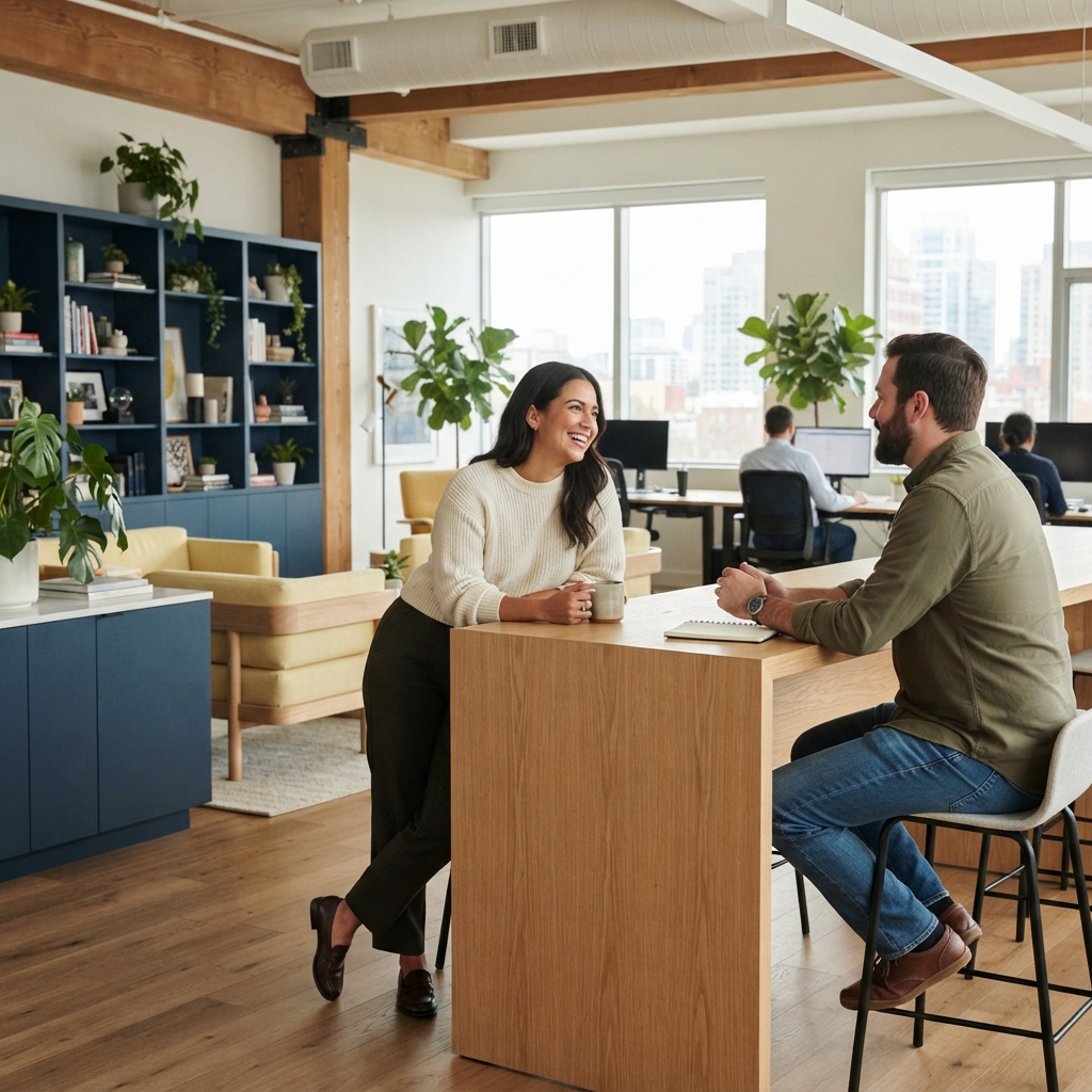 Two colleagues chatting in an open-plan office space