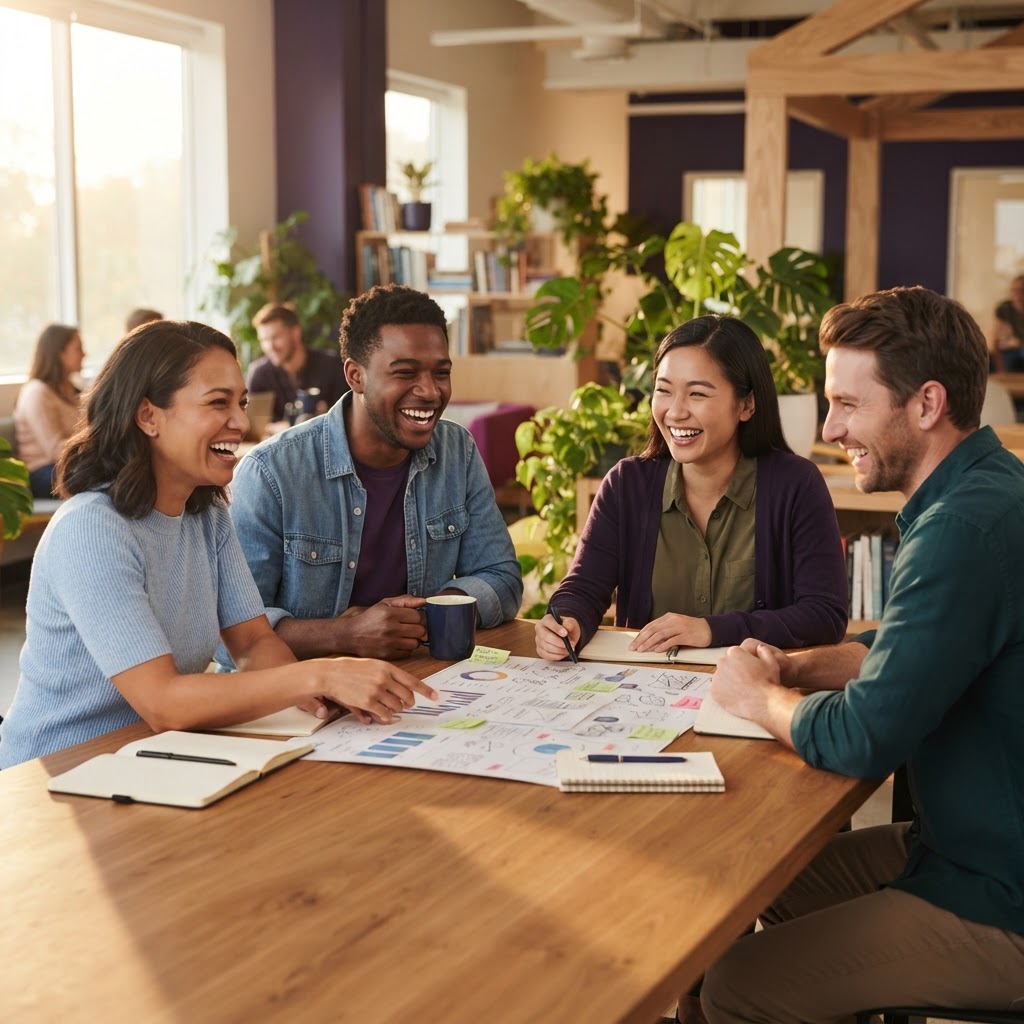 A diverse team collaborating around a table