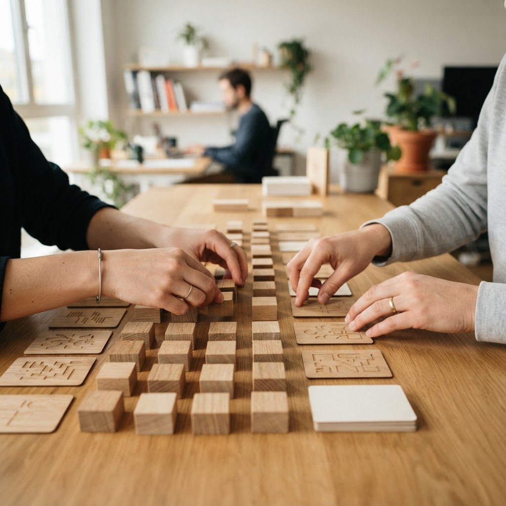 Close up of hands organizing tasks on a desk
