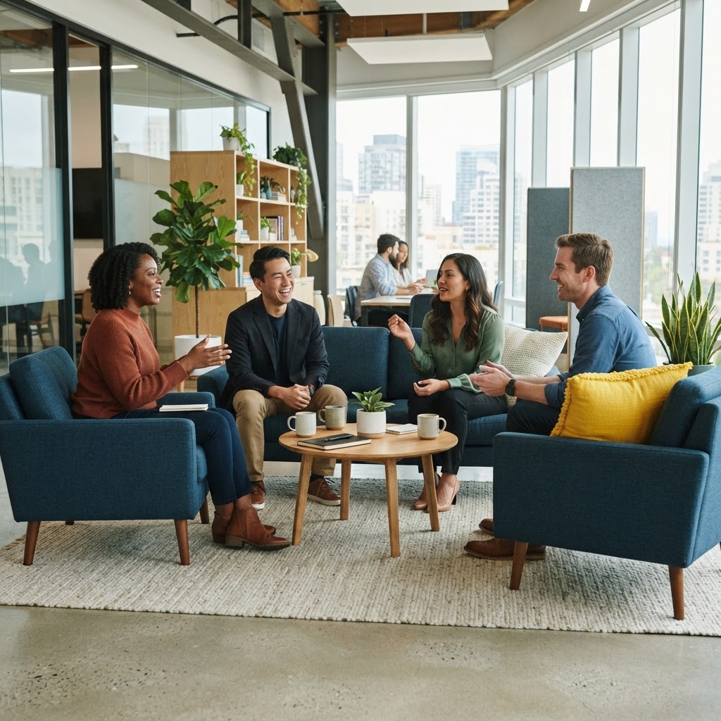 A diverse team engaged in a relaxed collaborative conversation
