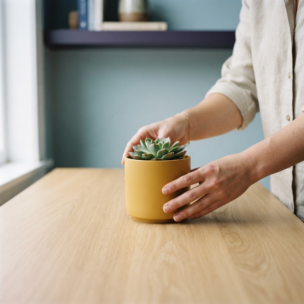 Hands placing a small plant on an organized desk