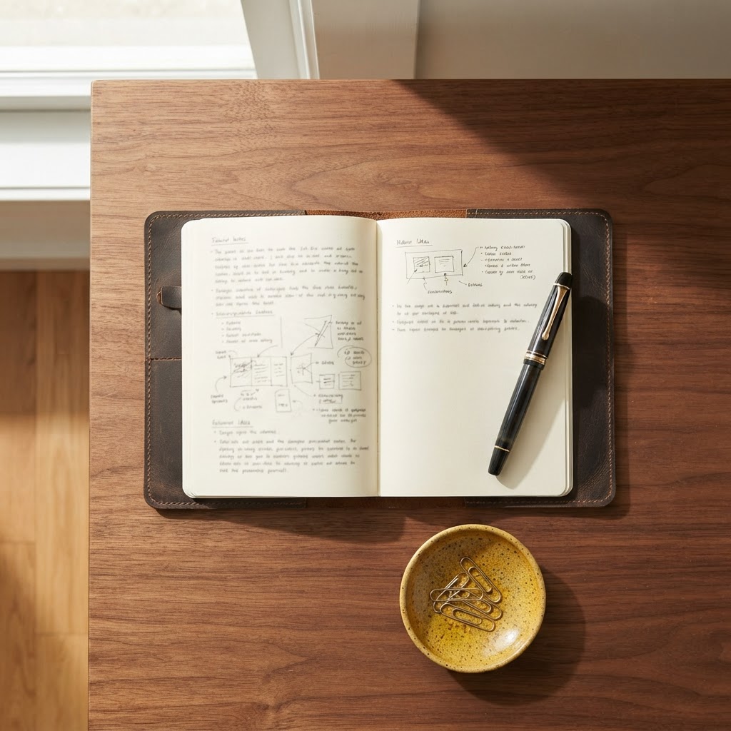 Minimalist workspace items on a clean wooden table