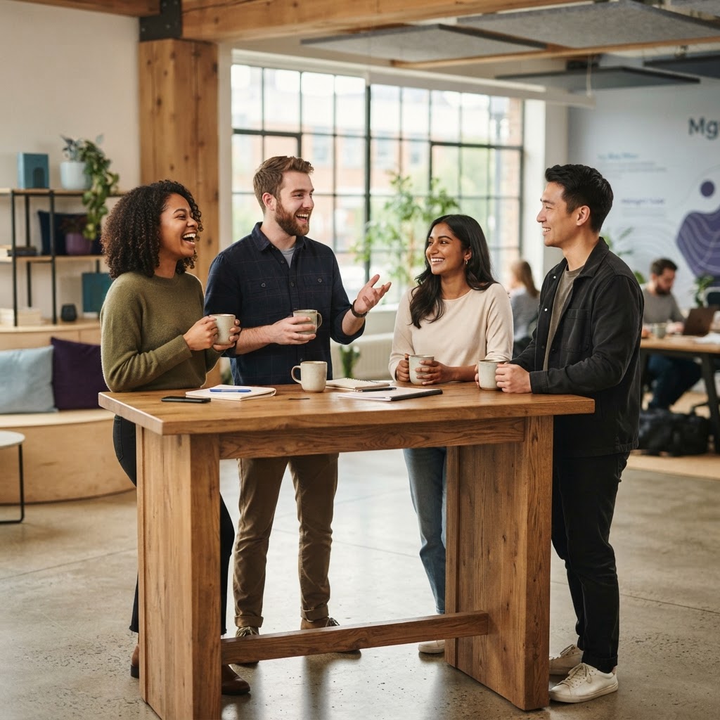 Diverse team laughing and talking in a sunlit office