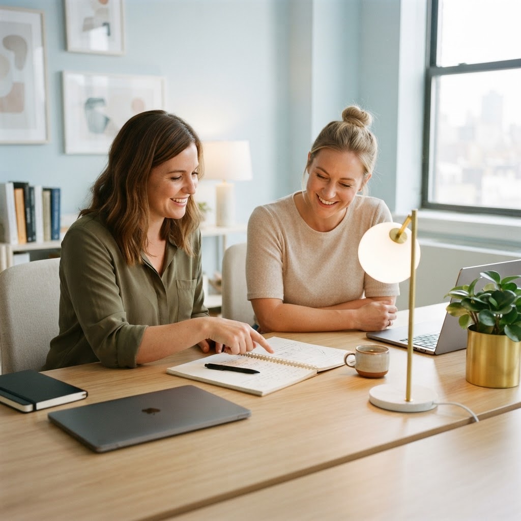 Two colleagues collaborating at a clean desk