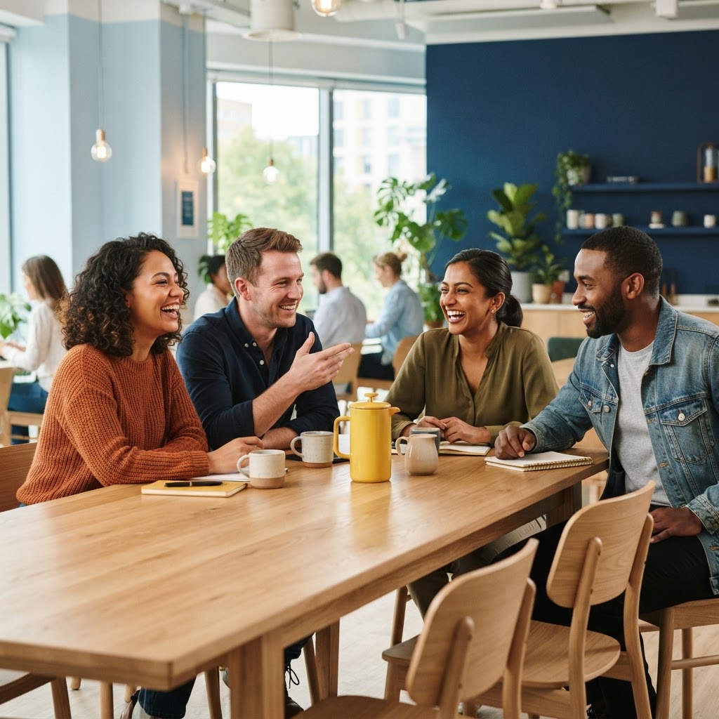 A diverse group of colleagues laughing and collaborating at a modern office table