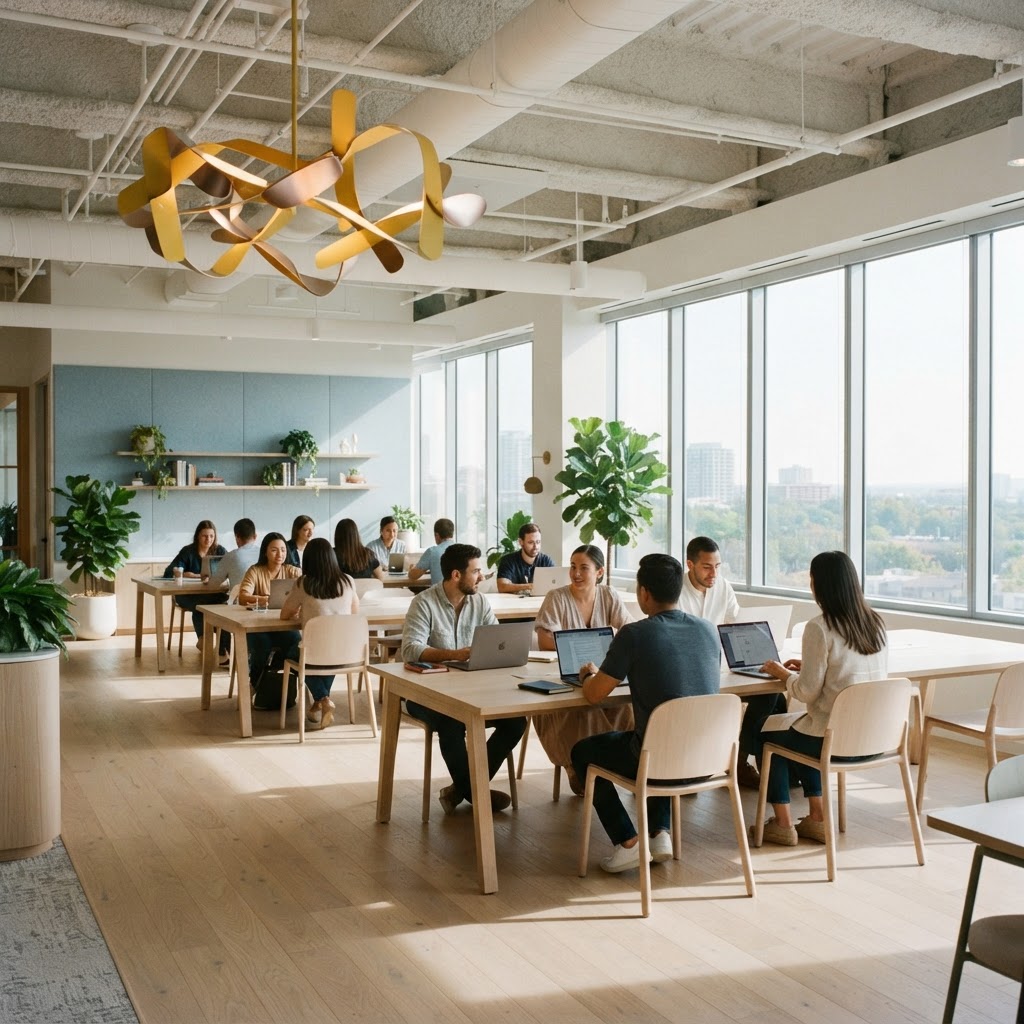 A wide view of a modern bright startup office space