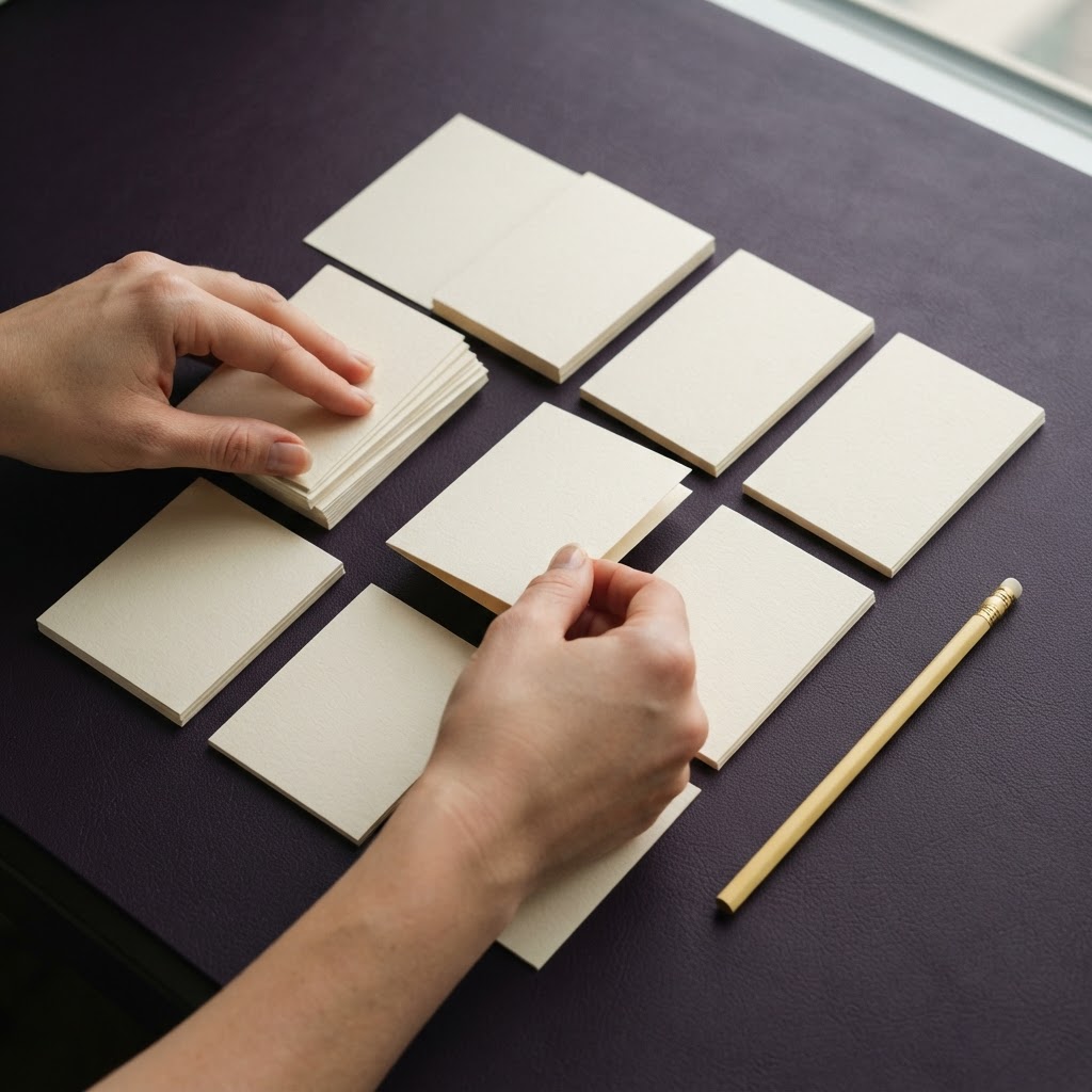 Hands organizing clean paper cards on a dark desk