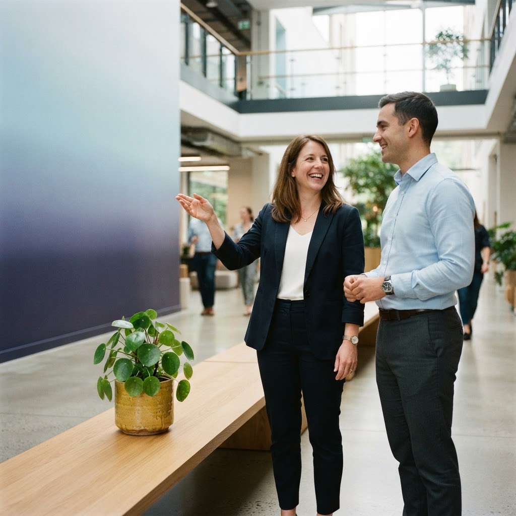 Two colleagues in a relaxed, friendly conversation in a sunlit office