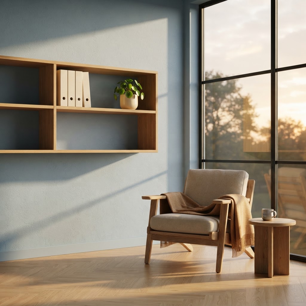 Clean and organized modern office shelving with simple decor