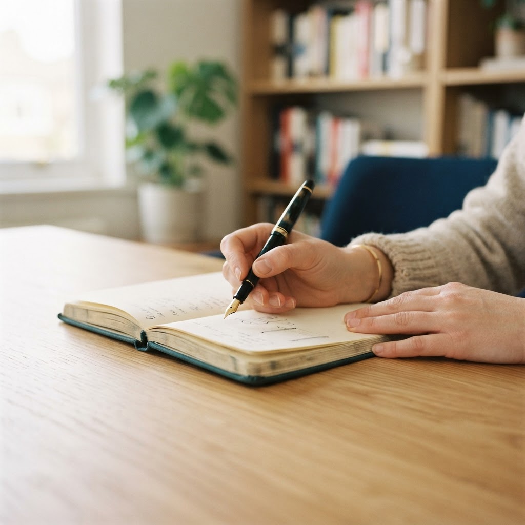 Close up of a person preparing to write in a journal at a desk