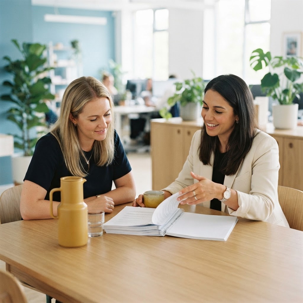 Two colleagues collaborating on company documentation in a bright office