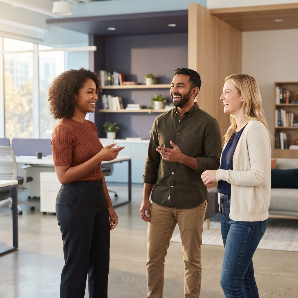A team of diverse professionals collaborating in a bright office