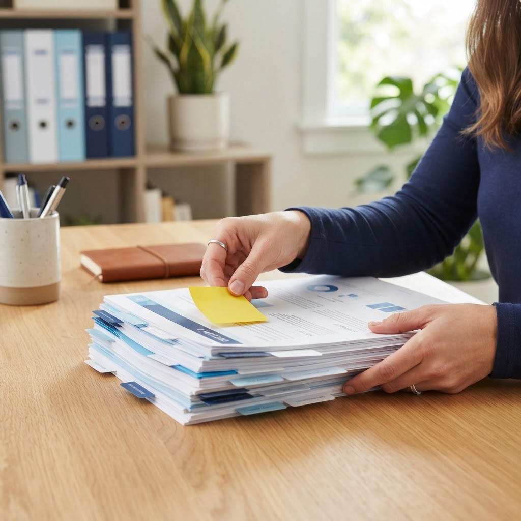 Hands organizing and tabbing important human resources documents