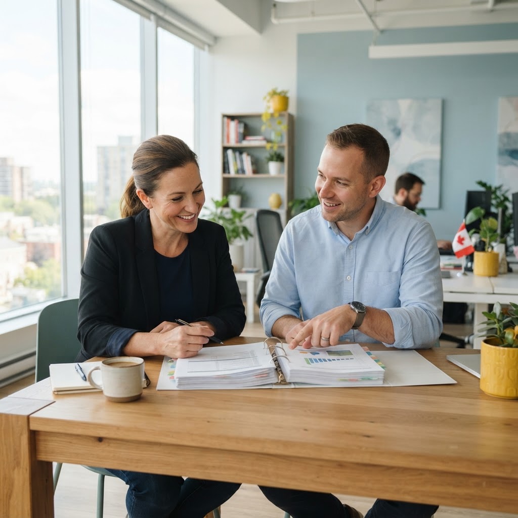 Two colleagues reviewing a printed employee handbook at a table