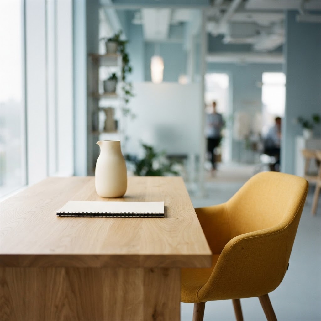 A clean document and carafe on a desk in a bright office
