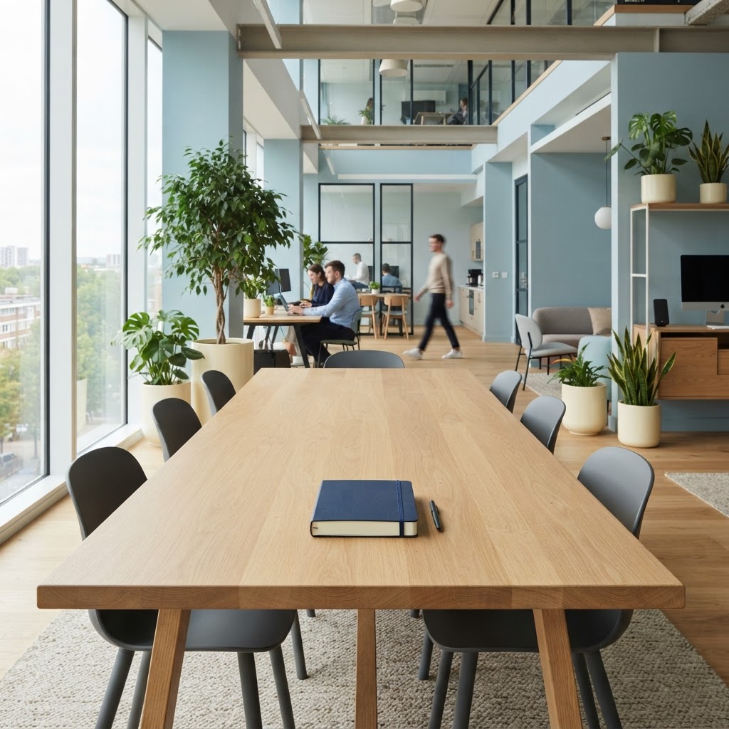 An organized and uncluttered modern office common area