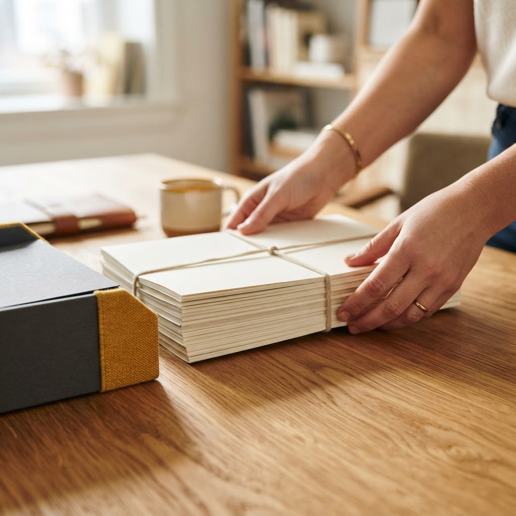 Hands organizing a neatly bound stack of documents