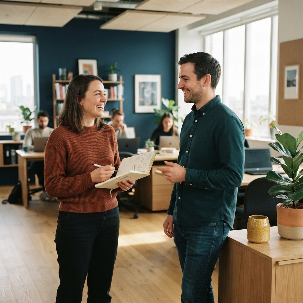 Two colleagues chatting in a modern sunlit office