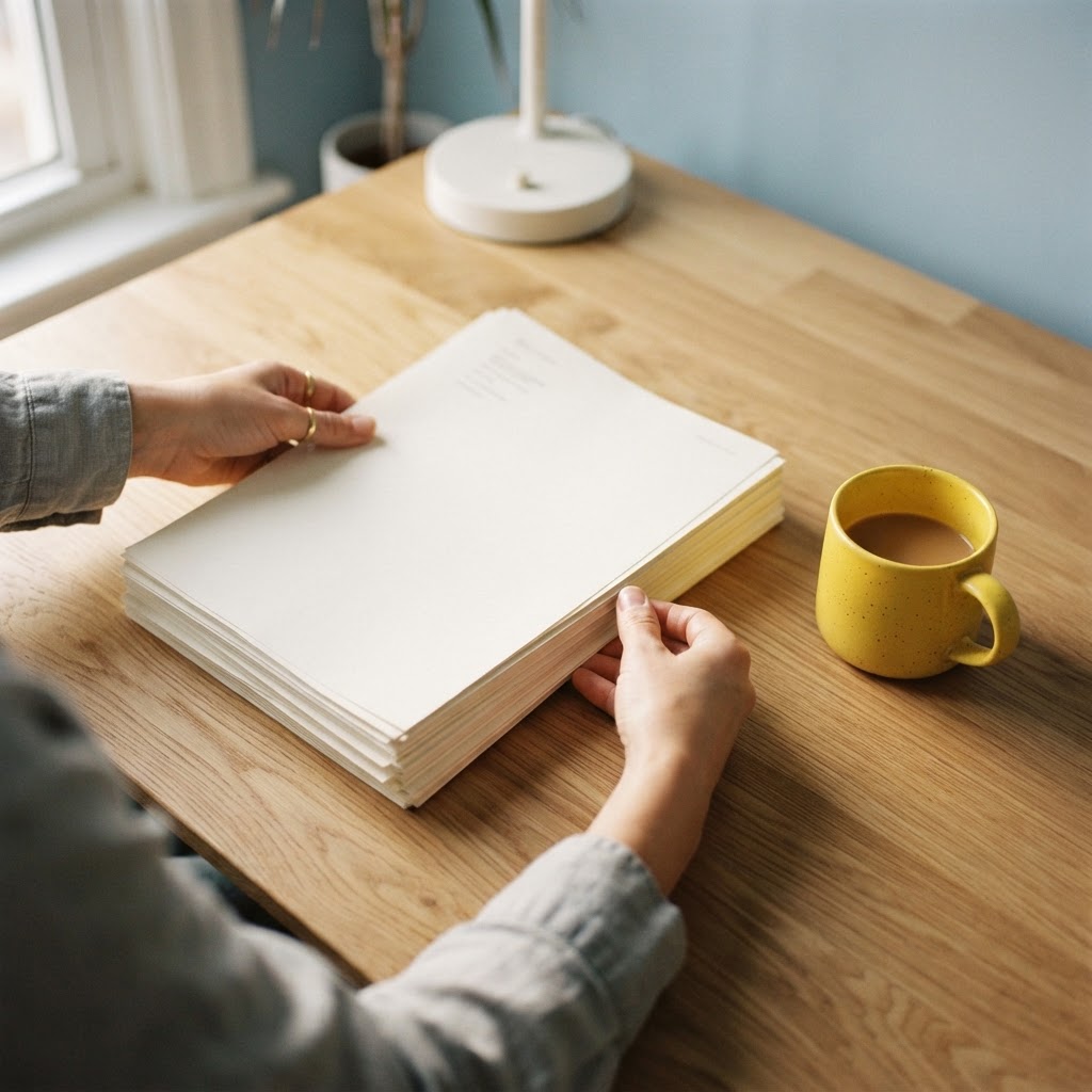 Hands organizing a neat stack of documents on a wooden desk
