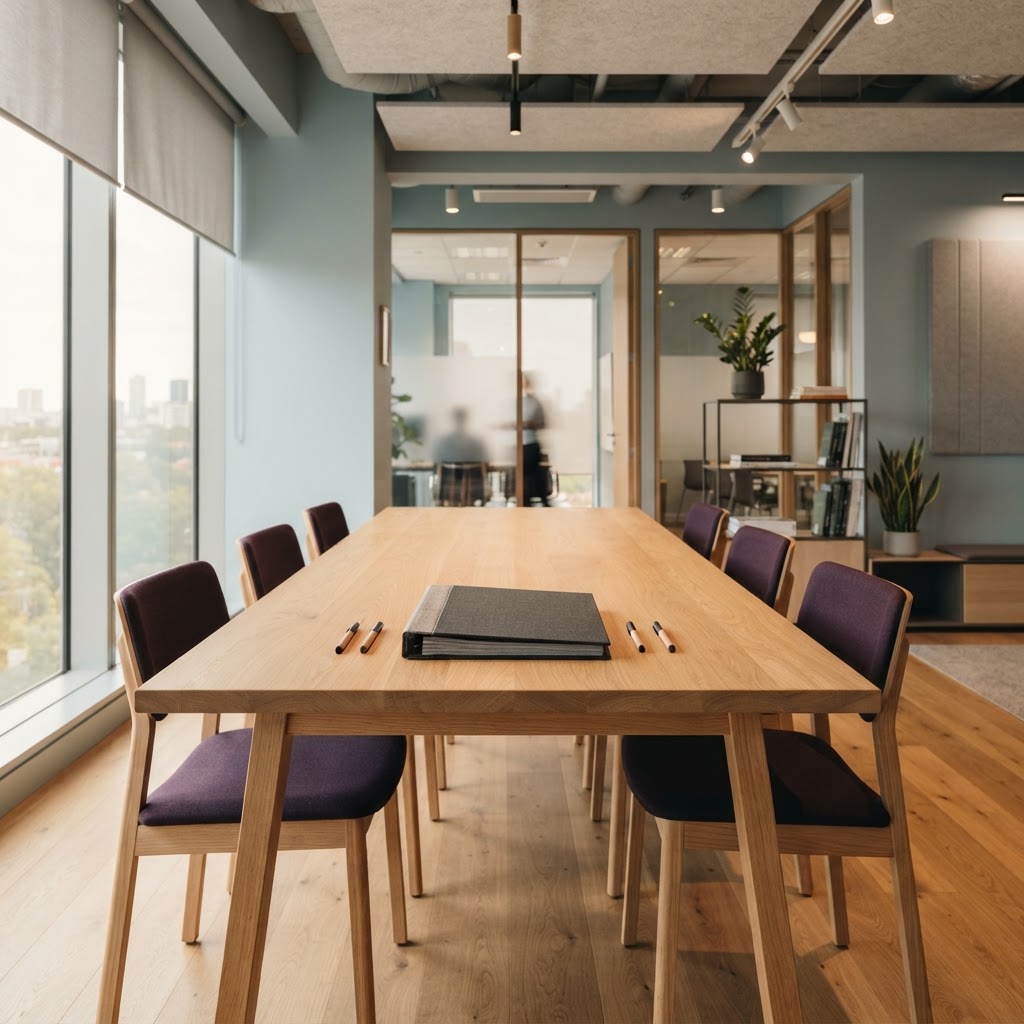 Minimalist and organized office meeting area with a single folder