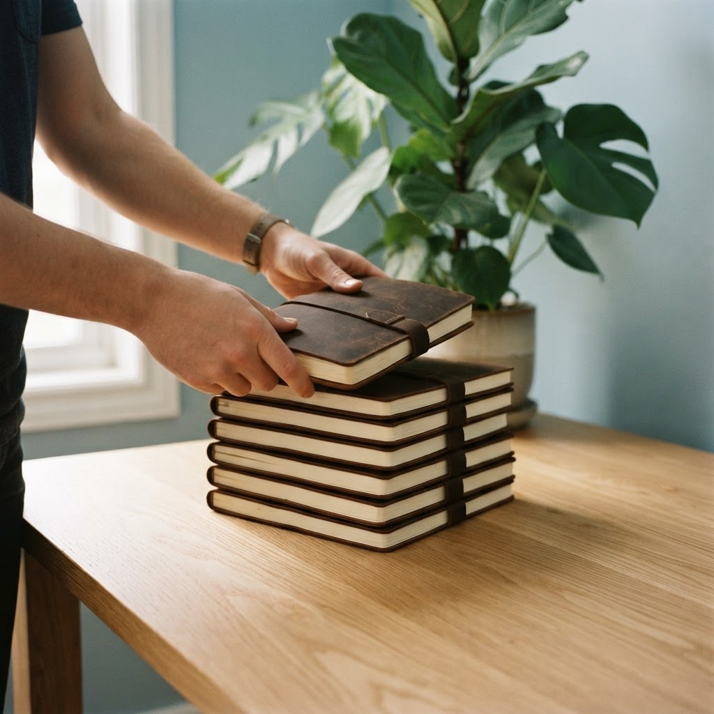 Stacking leather-bound manuals on a clean wooden table
