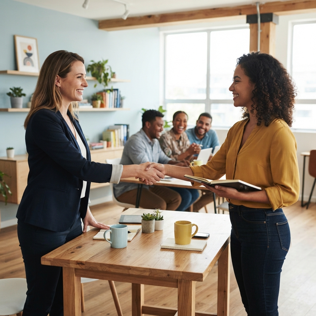 A manager welcoming a new team member in a bright office