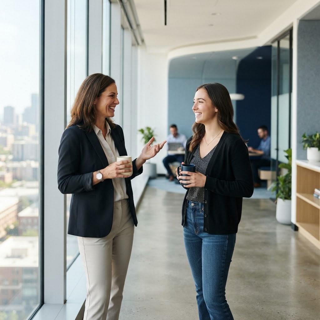 An operations lead and new employee chatting in a sunlit office