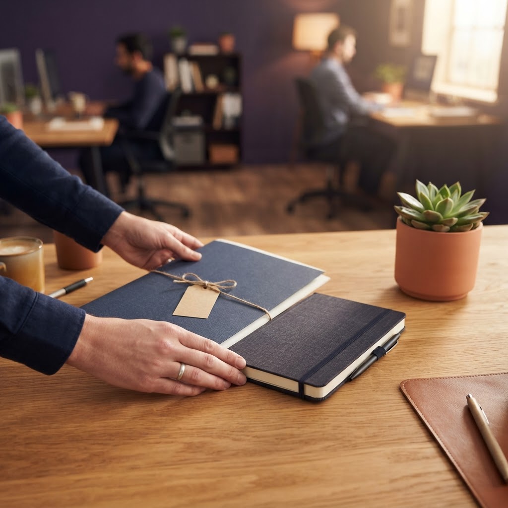 An organized desk with a welcome packet for a new hire